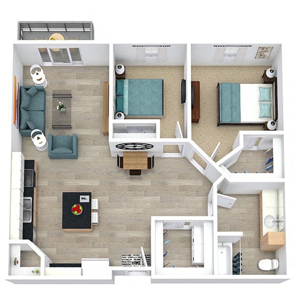 Floor plan for 2 beds, 1 bath, 977 sqft